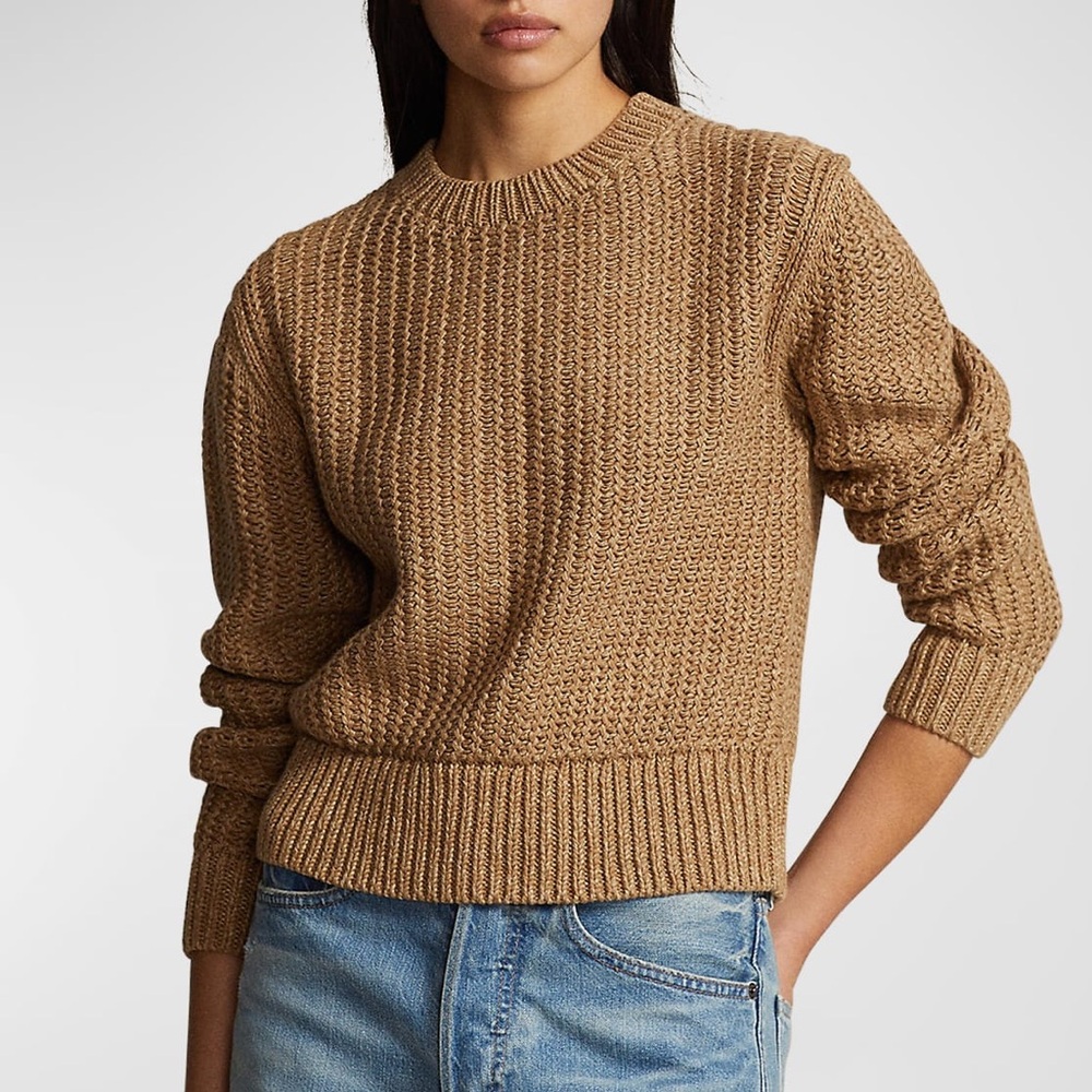 Polo Ralph Lauren Openwork Cotton-Blend Crewneck Sweater medium tan